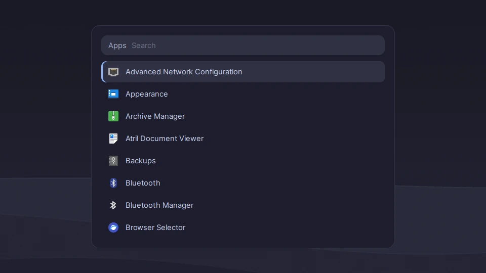 App menu with search