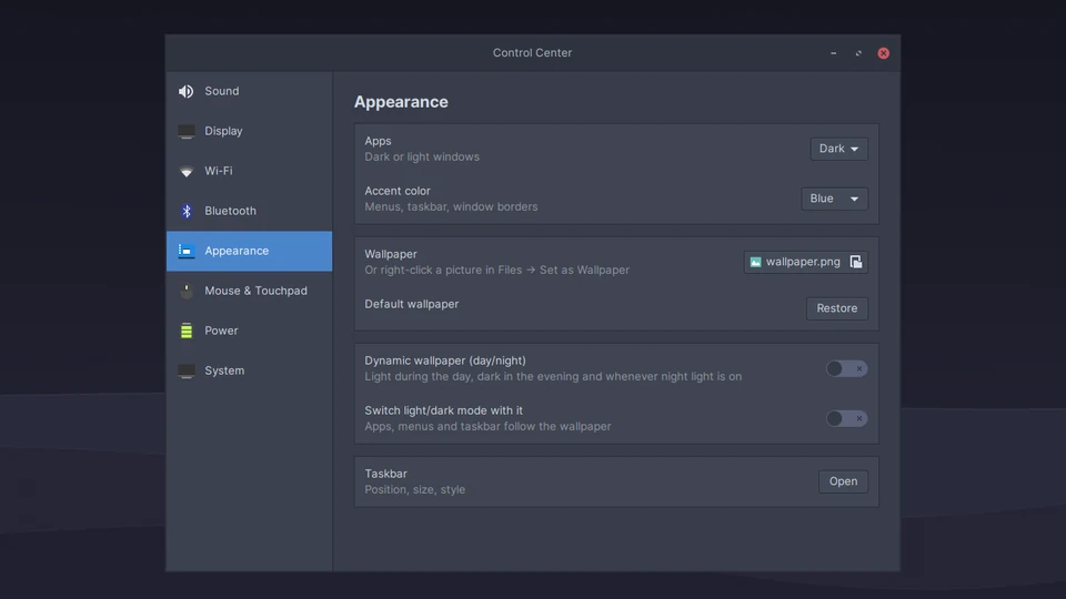 Control Center, Appearance page