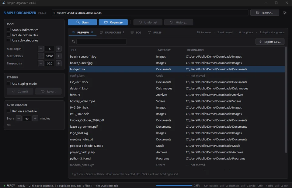 Simple Organizer in the dark theme: the Preview tab with its search field lists the files of a Downloads folder with category and destination; two files are set to Don't move