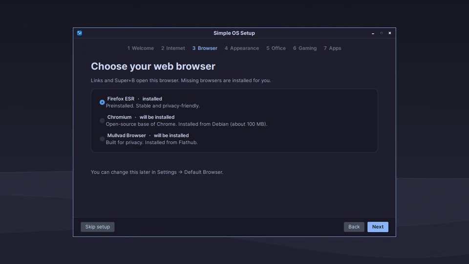Setup Wizard, choosing the web browser